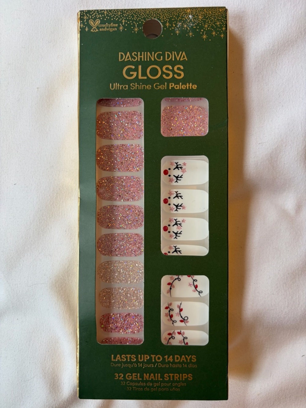 Dashing Diva Gloss Pink Glitter & White Reindeer Press-On Gel Nails
